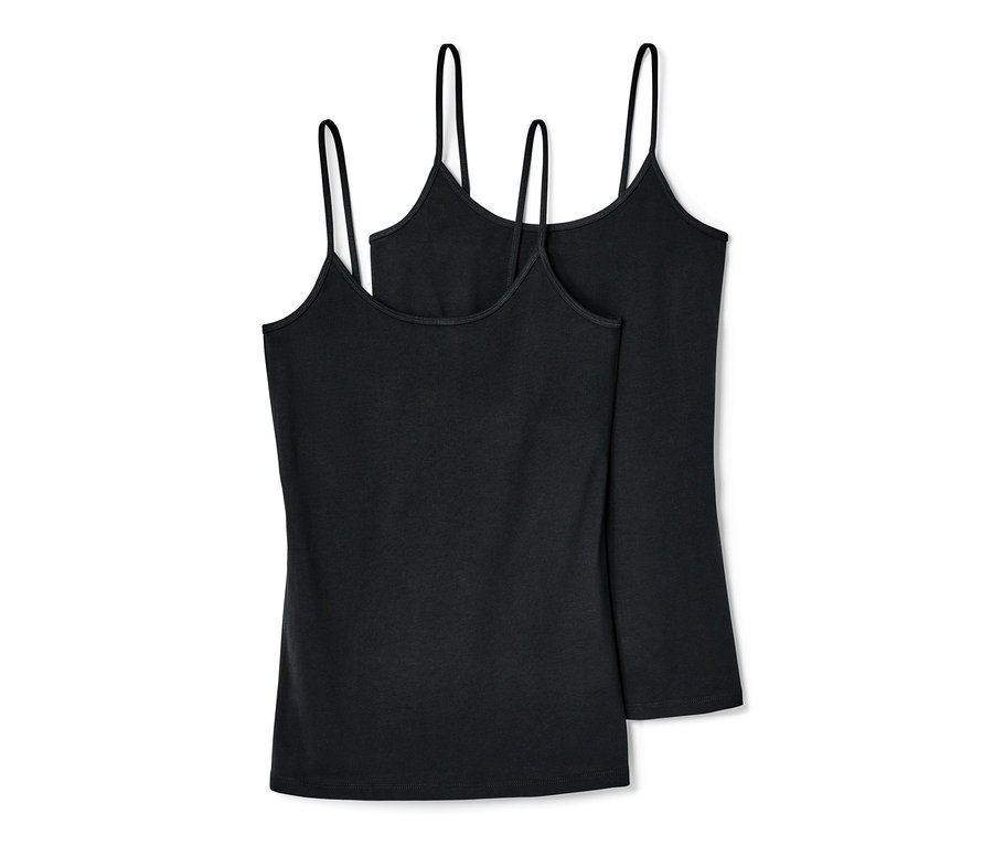 Dve čierne tielka so špagetovými ramienkami, 2 ks, ležia na sebe.