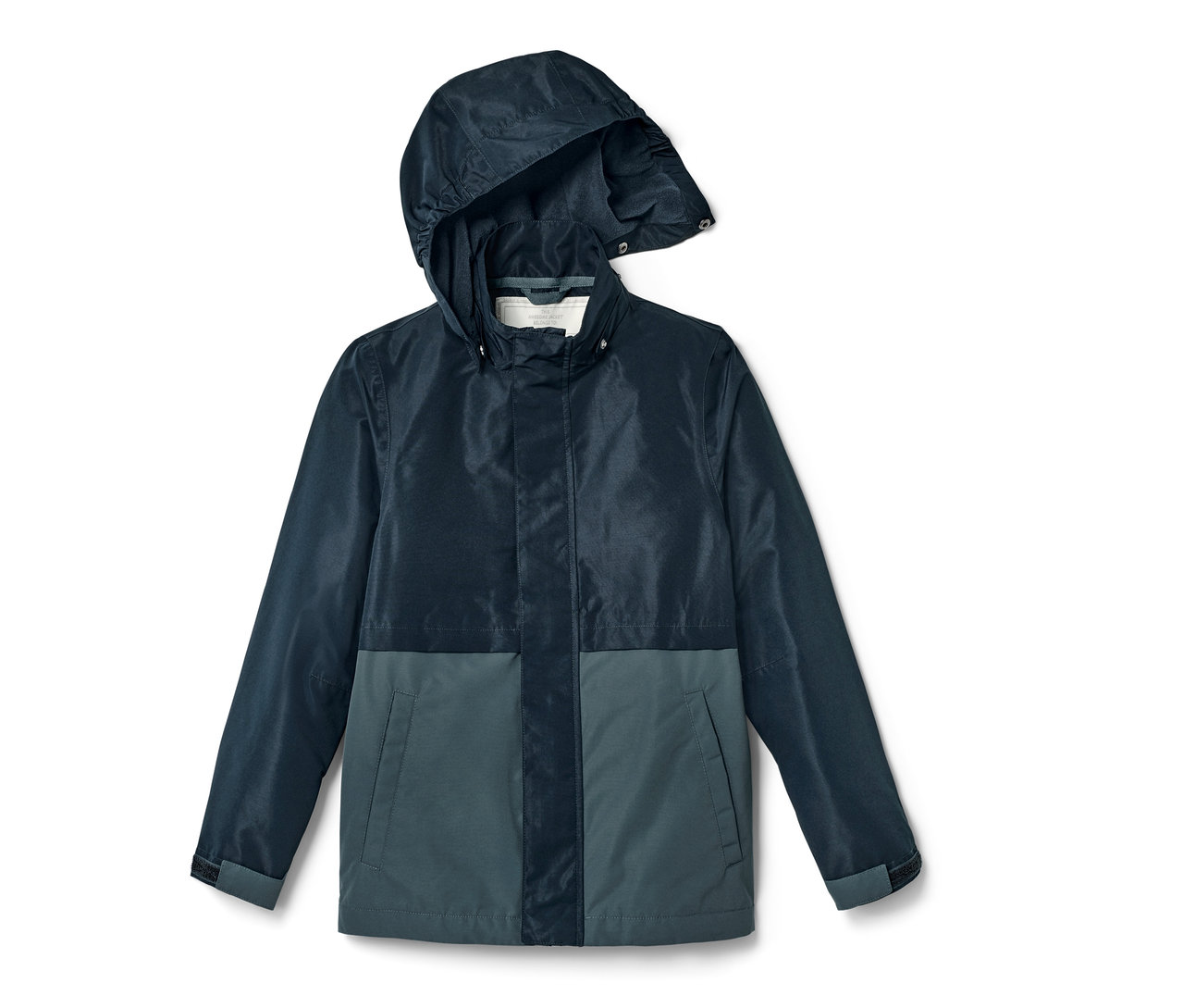 Tmavomodrá detská bunda do každého počasia s kapucňou.