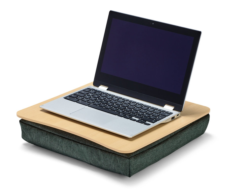 Stolík na laptop s podložkou na kolená a notebookom.
