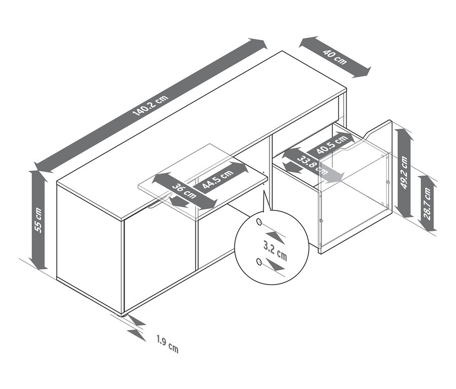 Komoda so zásuvkami s vyznačenými rozmermi.