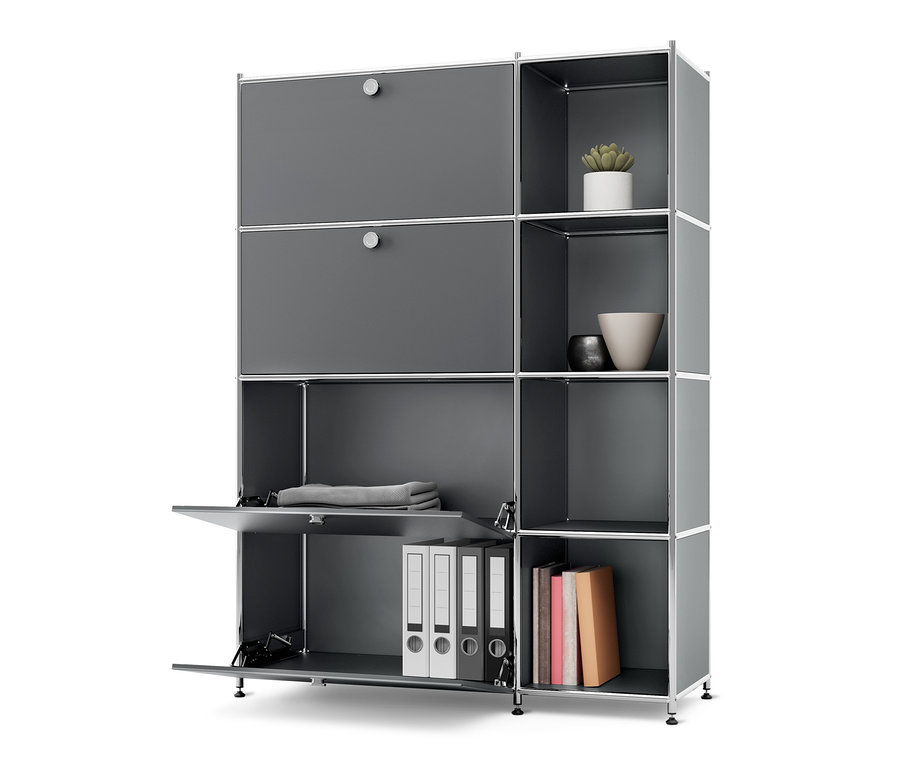 Sivá kovová skrinka »CN3« so 4 výklopnými priečinkami, s rastlinou, vázou, uterákom a zakladačmi.