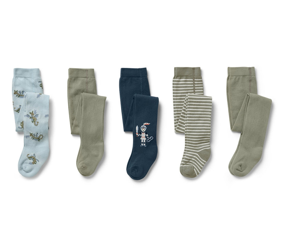 Pätica detských pančúch s rôznymi vzormi: draci, jednofarebné, rytier a prúžky.