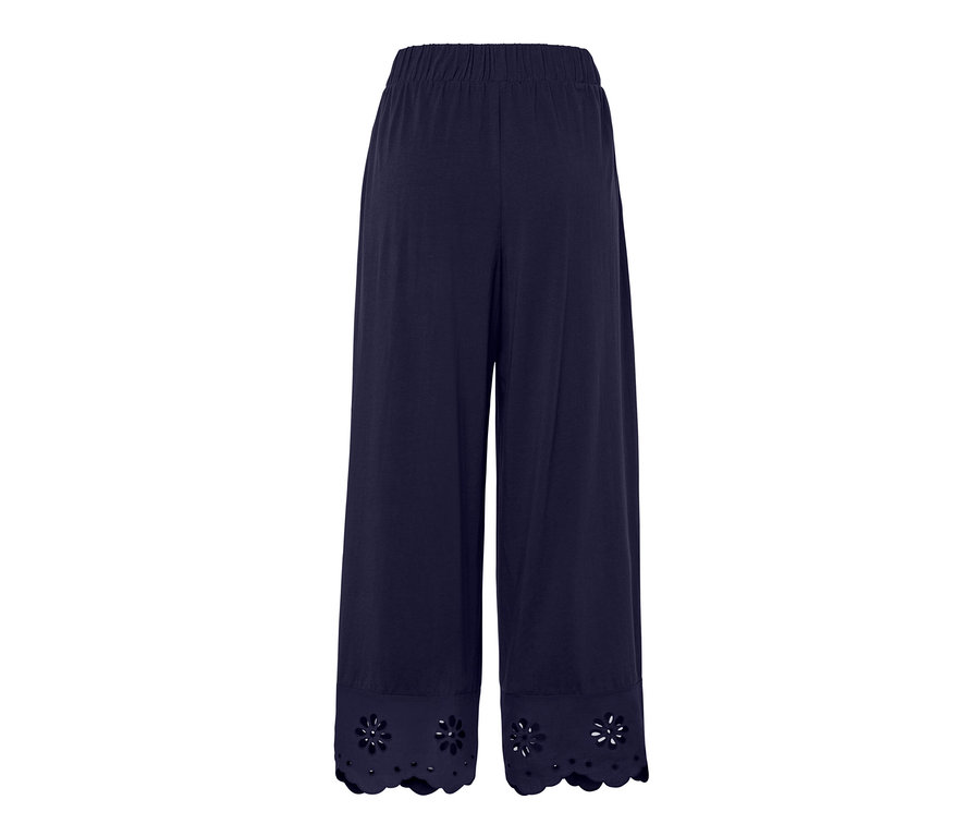 Tmavo modré culottes nohavice s výšivkou na leme.