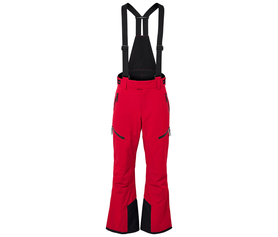 Červené lyžiarske nohavice s čiernymi detailmi a čiernymi trakami.