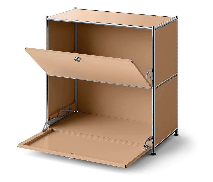 Dvojposchodová béžová skrinka s otvorenými dvierkami.