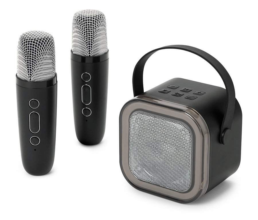 Dva mikrofóny a jeden čierny reproduktor na bielom pozadí.