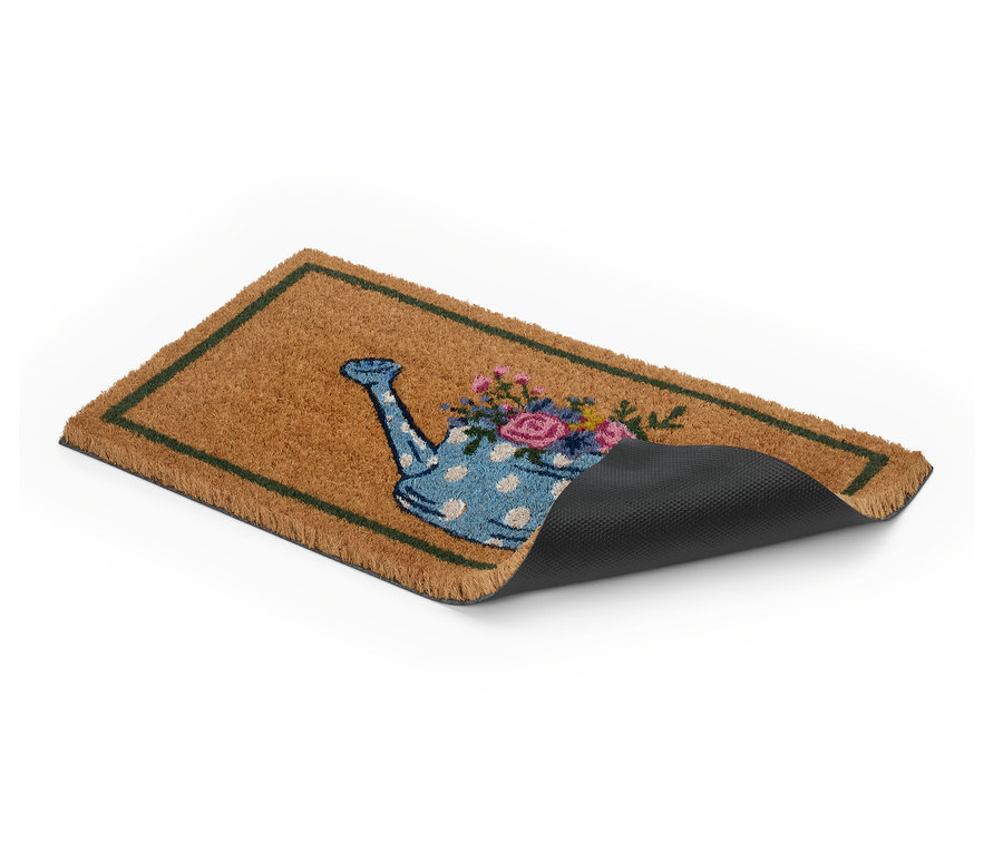 Rohožka s motívom kanvy a kvetov.