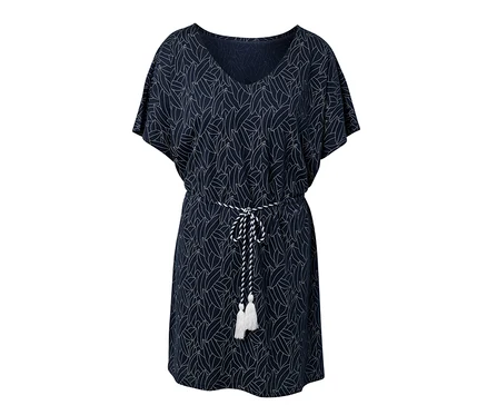 Tmavomodrá plážová tunika s bielym listovým vzorom a šnúrkou v páse.