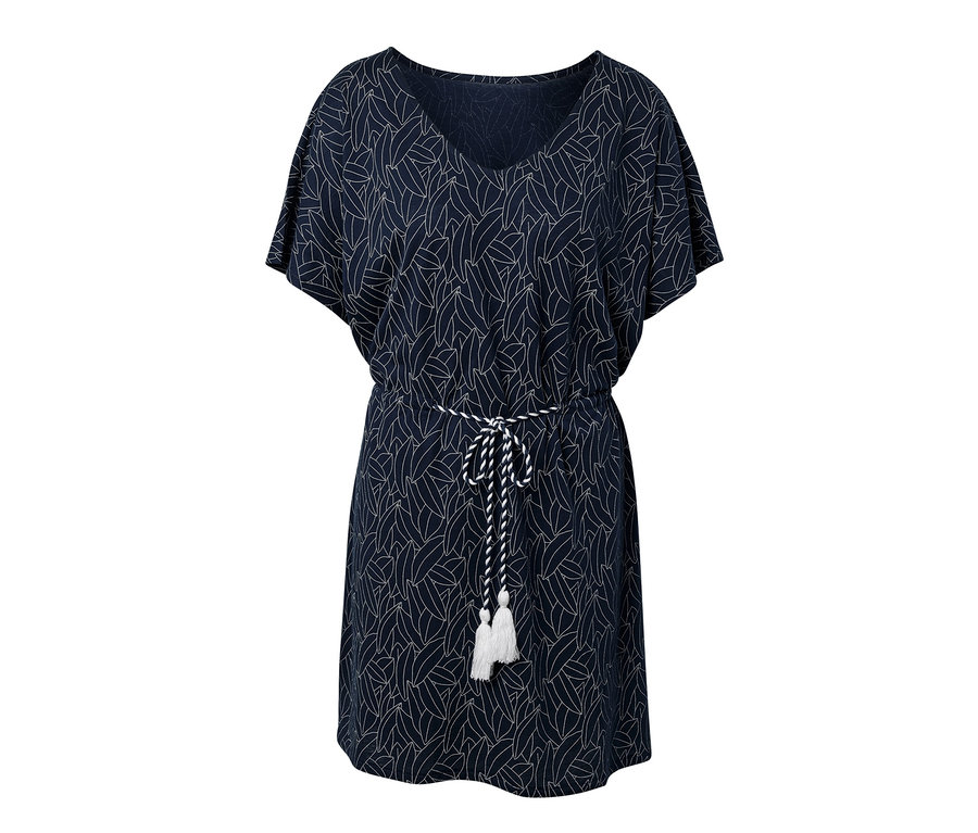 Tmavomodrá plážová tunika s bielym listovým vzorom a šnúrkou v páse.