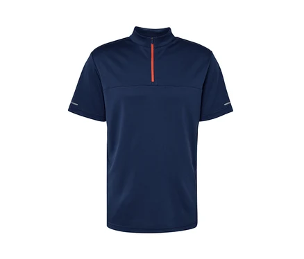Modrý cyklistický dres s krátkym rukávom a oranžovým zipsom.