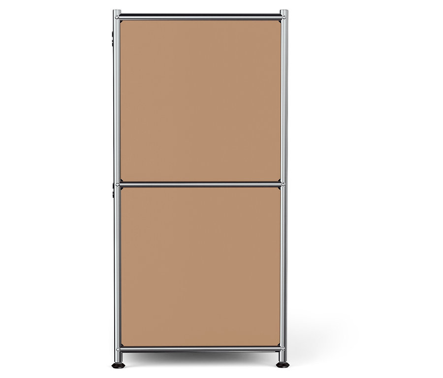 Dvojdielna modulárna polica s hnedými panelmi a chrómovaným rámom.