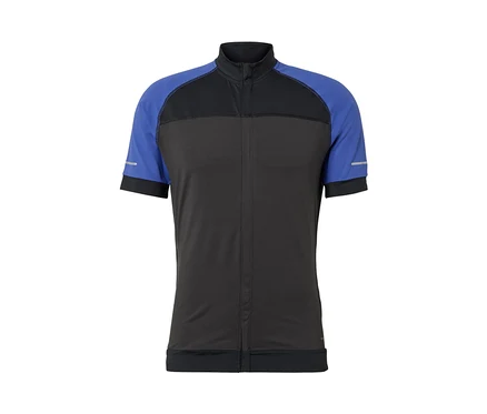 Modrý cyklistický dres s krátkym rukávom.