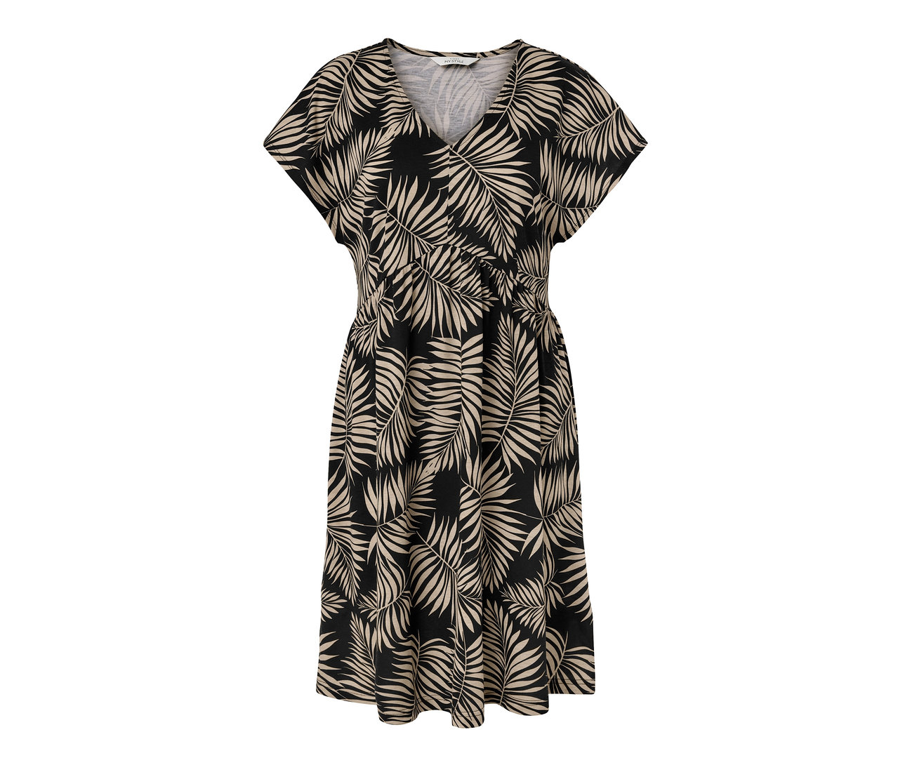 Čierne džersejové šaty s potlačou listov.