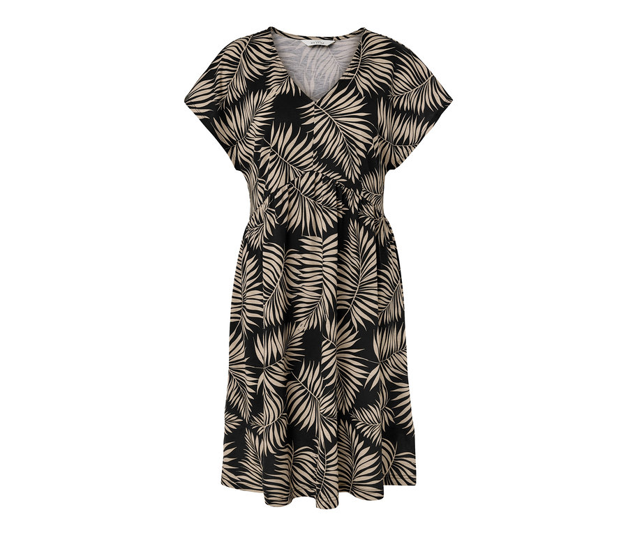 Čierne džersejové šaty s potlačou listov.