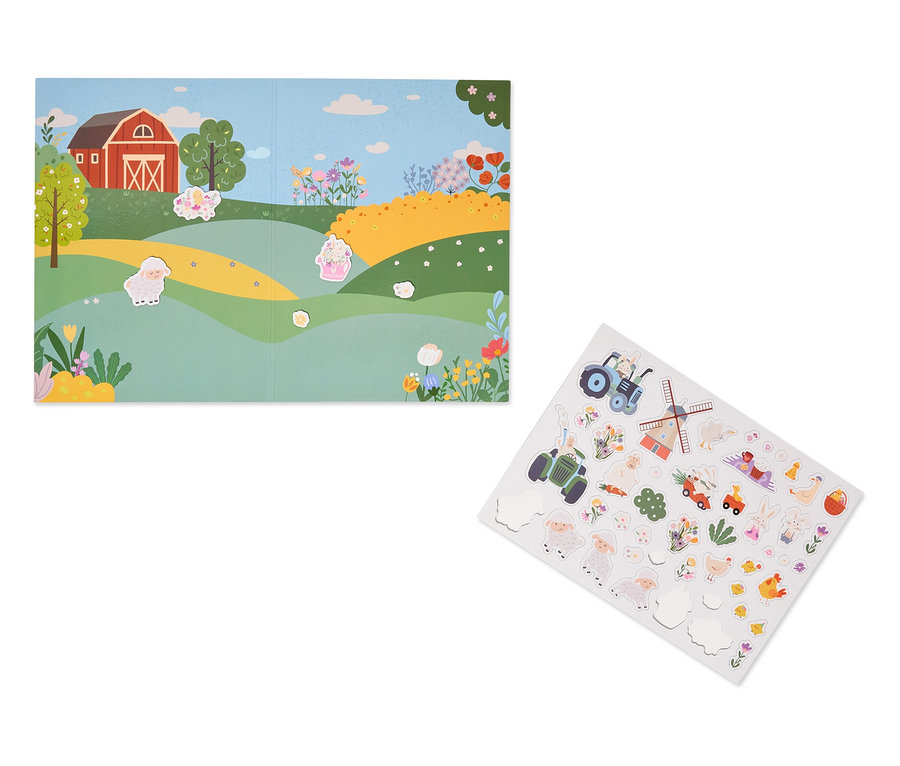 Otváracia hracia kniha s farmárskou scénou a samostatný hárok s nálepkami s hospodárskymi zvieratami a vozidlami.