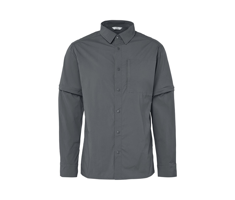 Sivá outdoorová košeľa s dlhými rukávmi a vreckom.