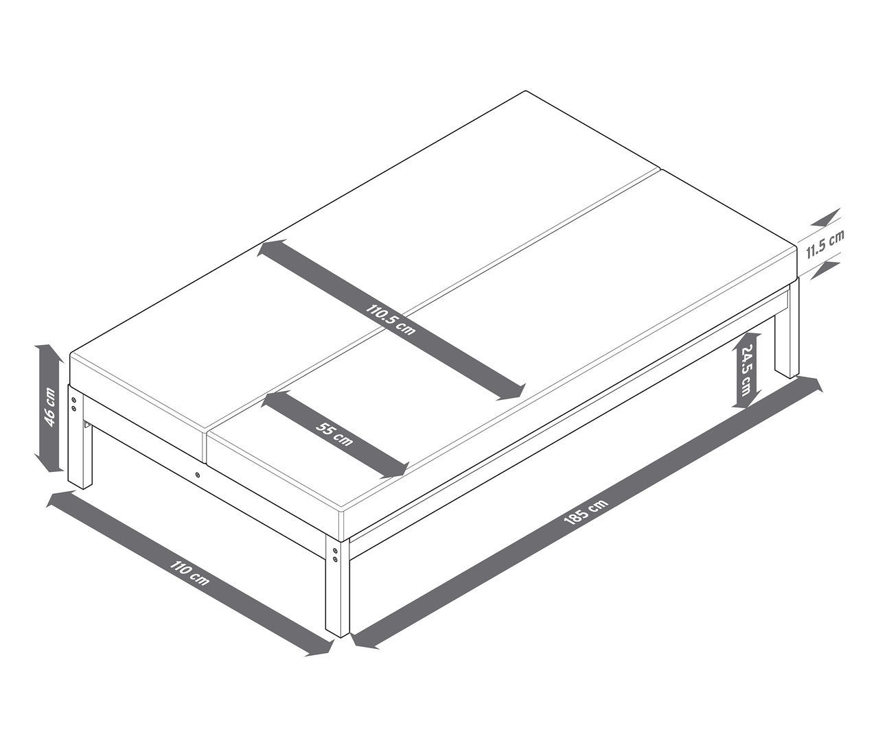 Zobrazená je záhradná lavica 2 v 1 – dvojité ležadlo s rozmermi.