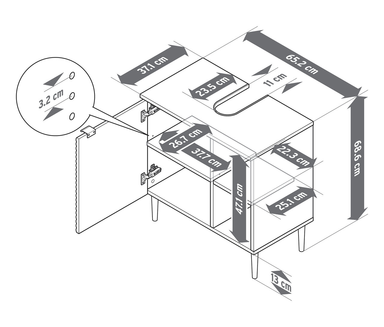 Detailná schematická reprezentácia umývadlovej skrinky »SONARI« s dvierkami, vrátane všetkých rozmerov.