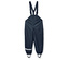 Tmavo modré nepremokavé nohavice s trakmi a reflexnými pruhmi na nohách.