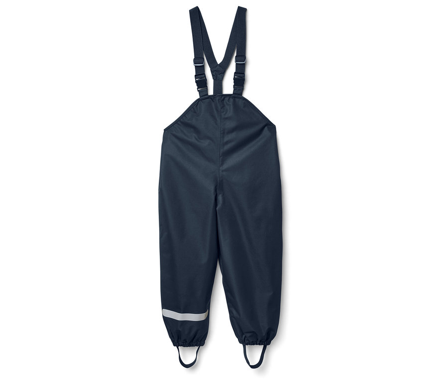 Tmavo modré nepremokavé nohavice s trakmi a reflexnými pruhmi na nohách.