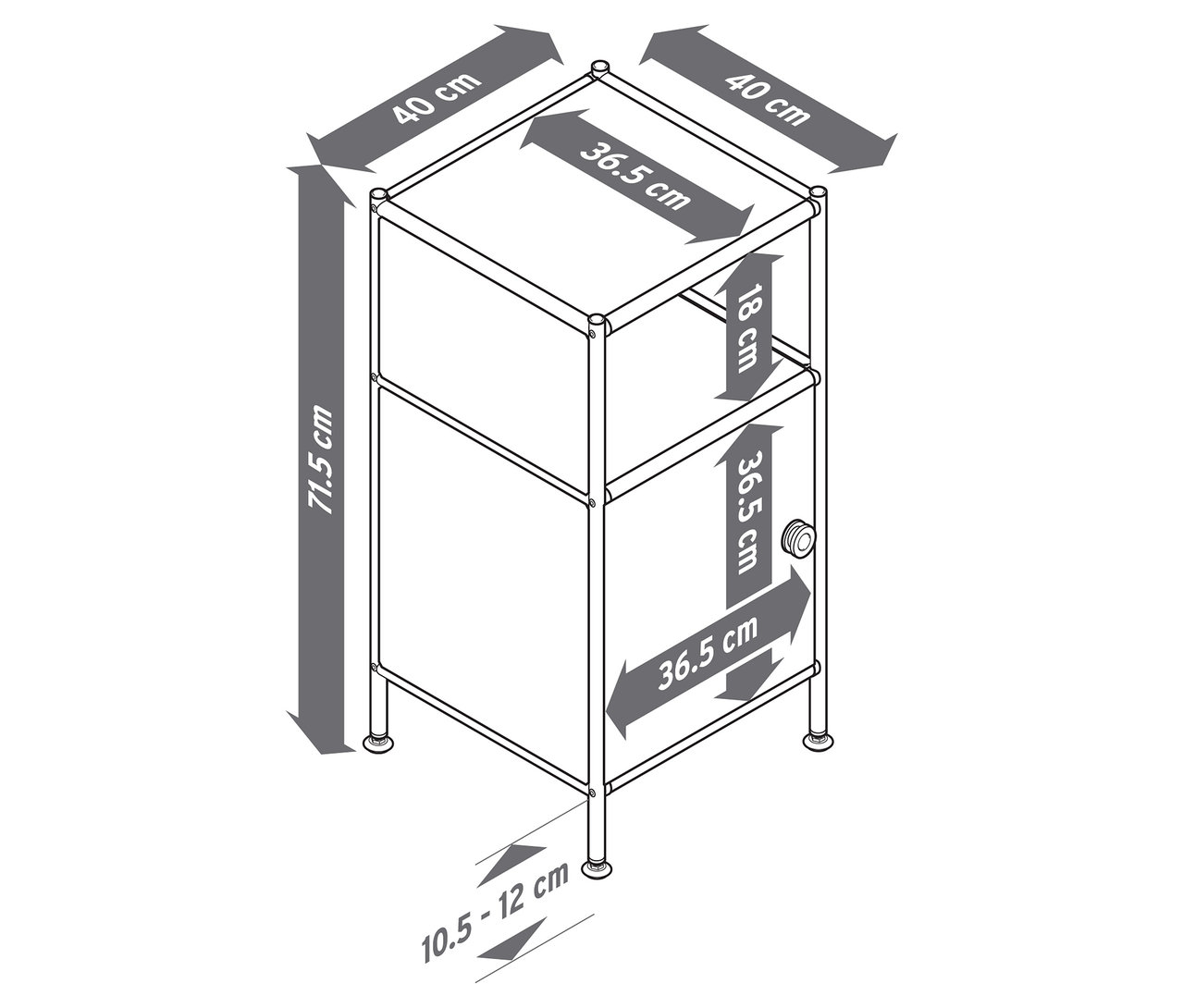 Pohľad zhora na kovovú skrinku na kolieskach so zásuvkami a rozmermi.