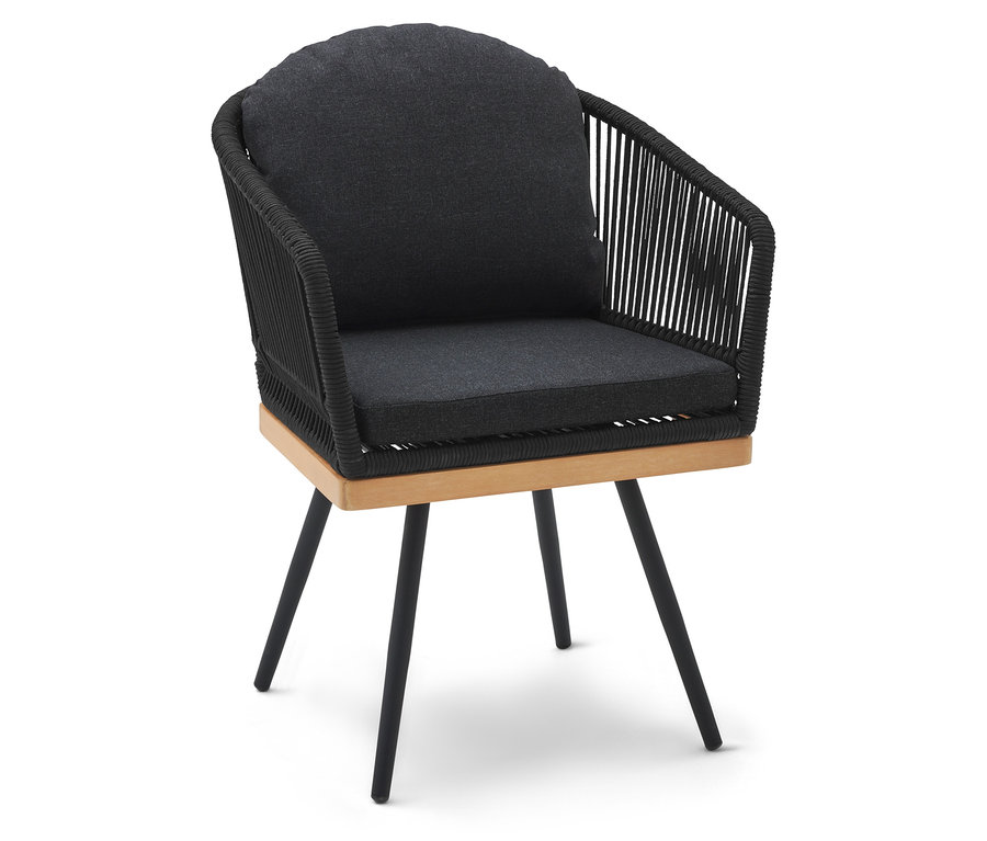 Otočná záhradná stolička s textilným výpletom a tmavými vankúšmi.