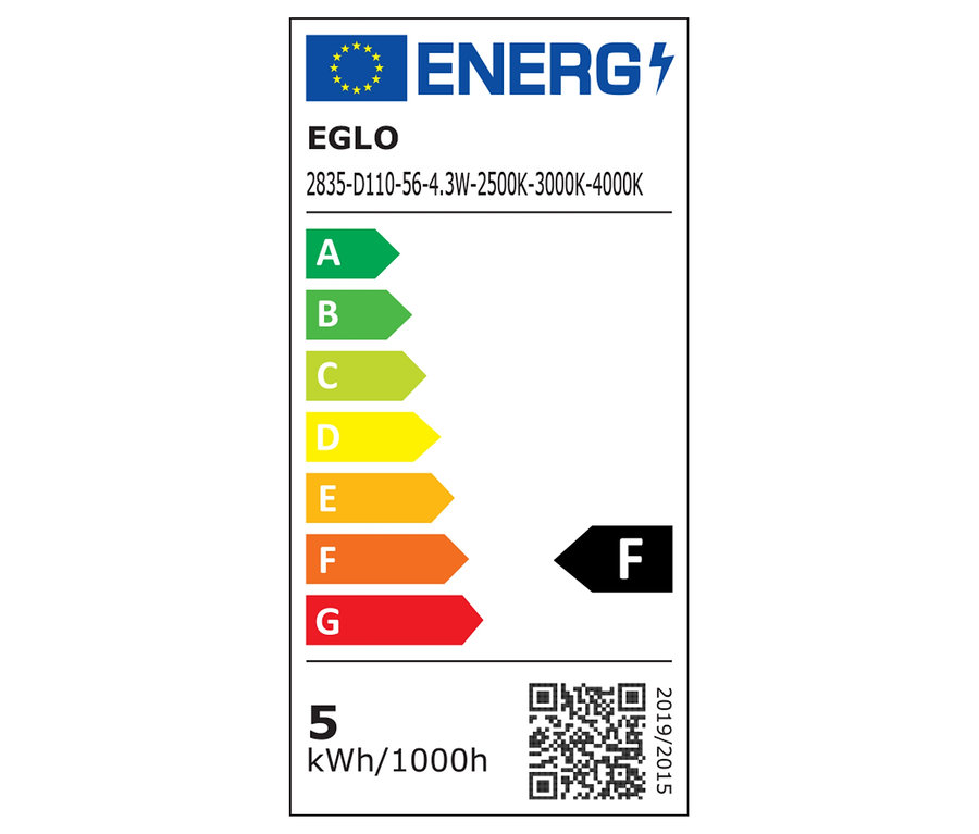 Energetický štítok EGLO 2835-D110-56-4.3W zobrazuje triedu energetickej účinnosti F a spotrebu 5 kWh/1000h.