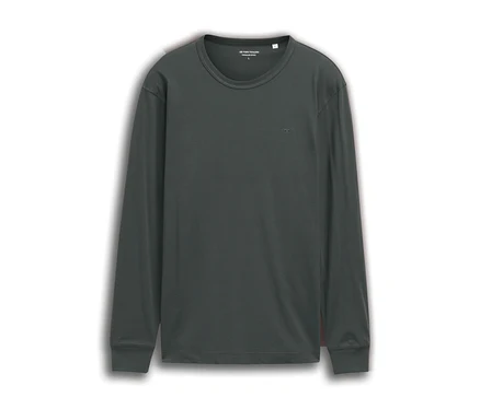 Základné tričko s dlhým rukávom Tom Tailor, Darkest Olive. Tmavoolivové tričko s dlhým rukávom, okrúhlym výstrihom a malým logom na hrudi.