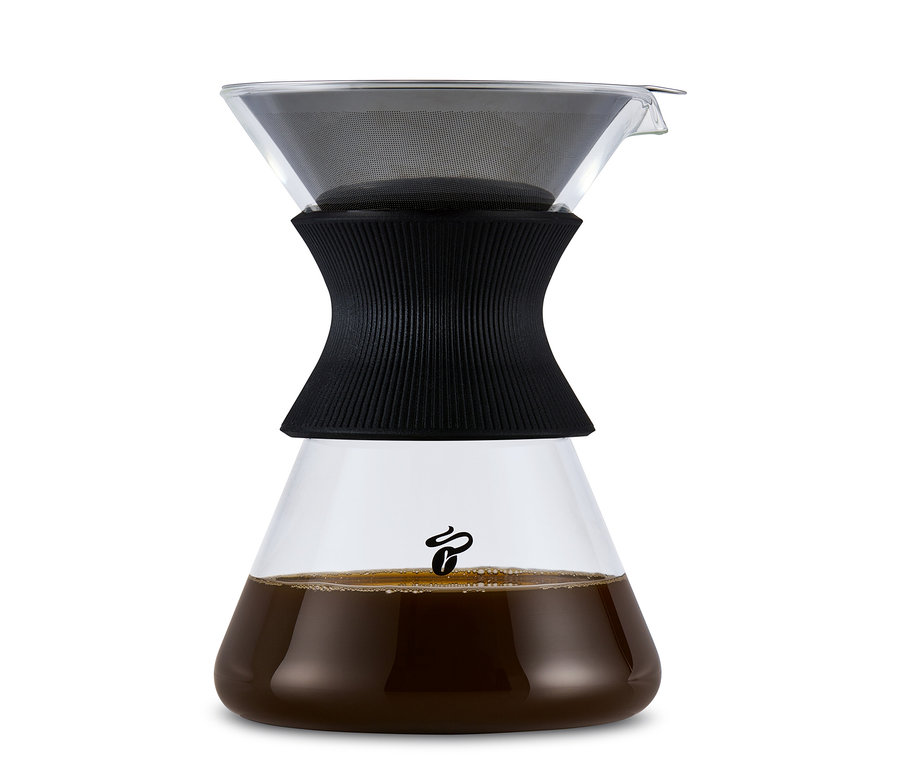 Sklenená karafa BEEM Pour Over, 0,75 l s filtrom a kávou.