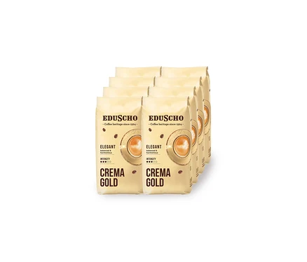 Šesť krémových vreciek kávy Eduscho Crema Gold, každé s grafikou šálky kávy, usporiadaných v kaskádovom rade.