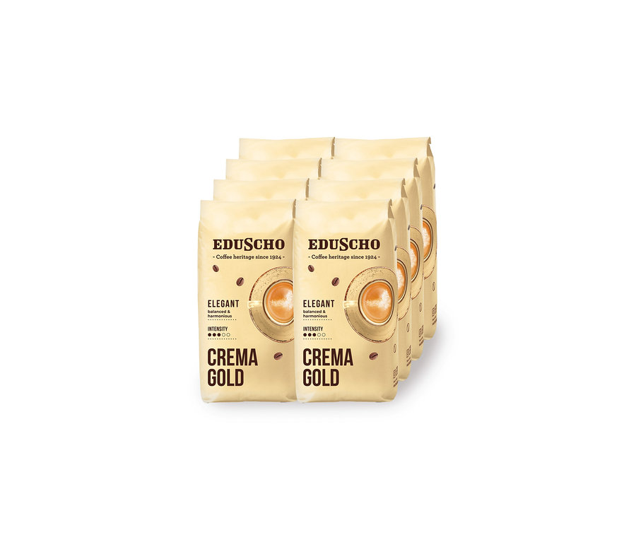 Šesť krémových vreciek kávy Eduscho Crema Gold, každé s grafikou šálky kávy, usporiadaných v kaskádovom rade.
