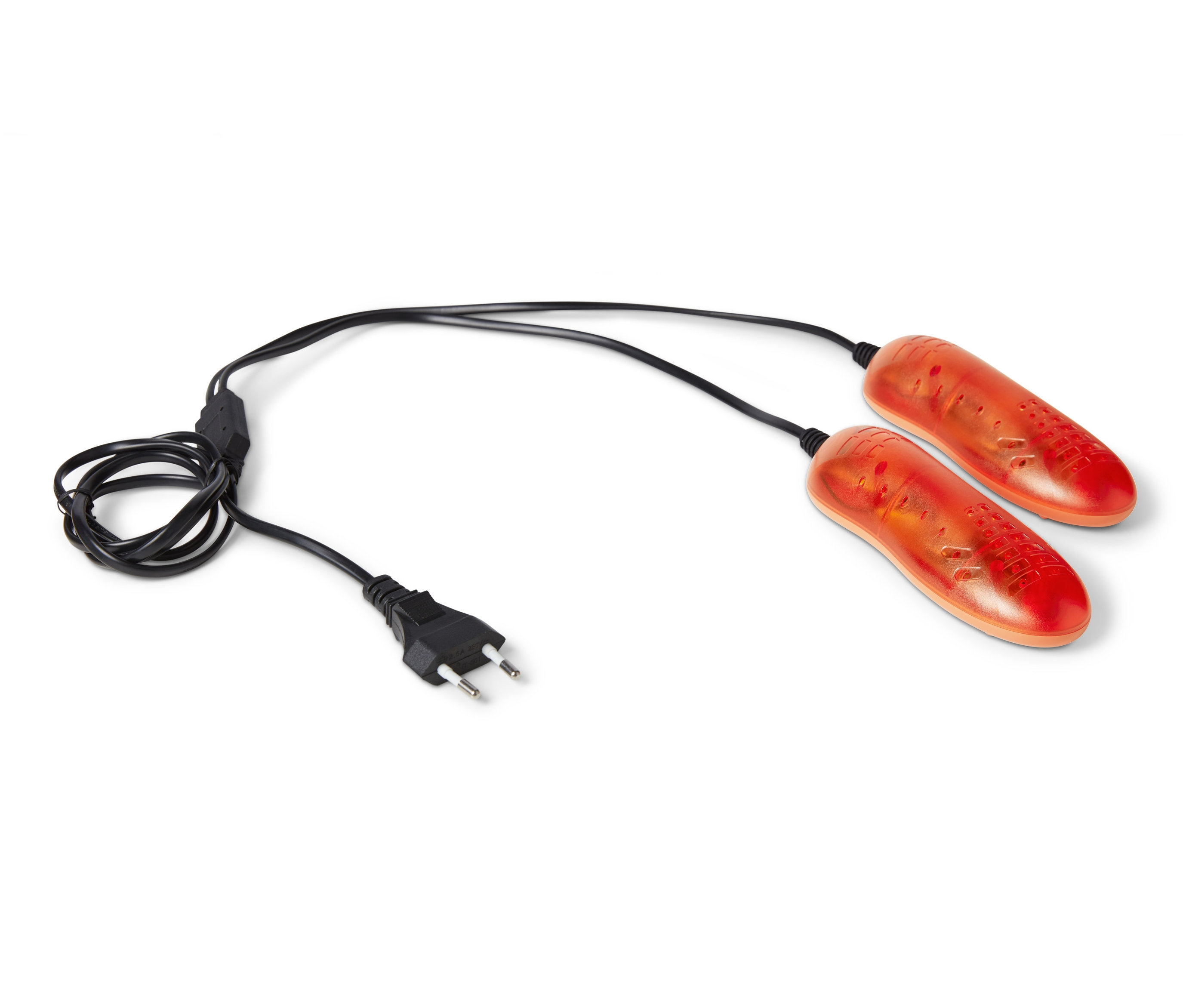 Dvojdielna súprava sušiča obuvi s čiernym napájacím káblom a zástrčkou.