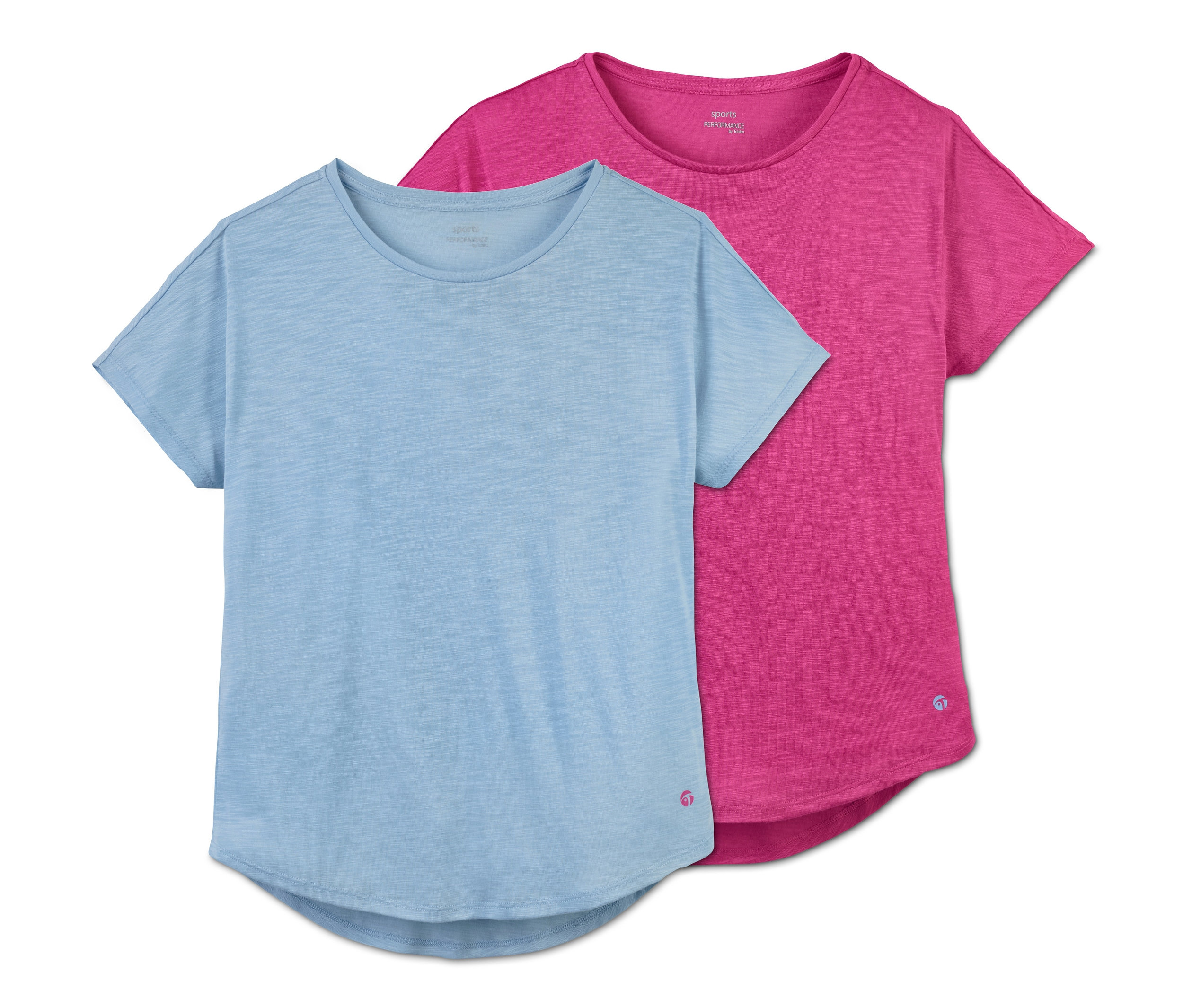 Dve detské funkčné tričká s recyklovaného materiálu v modrej a ružovej farbe.