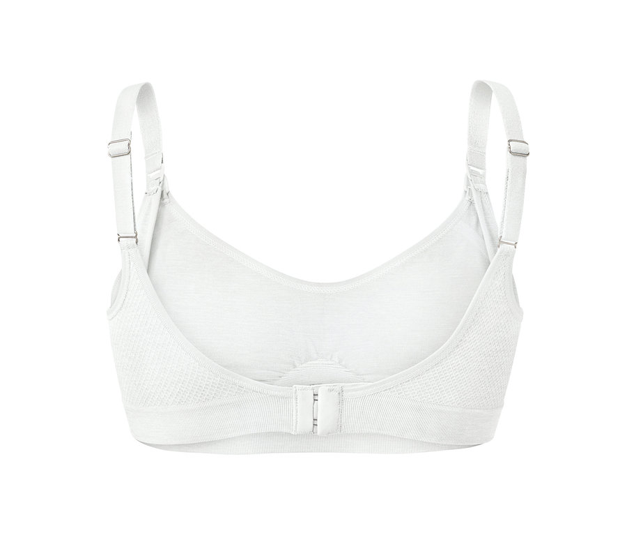 Detail bielych bezšvových podprseniek na dojčenie z balenia po 2 kusoch, zozadu.