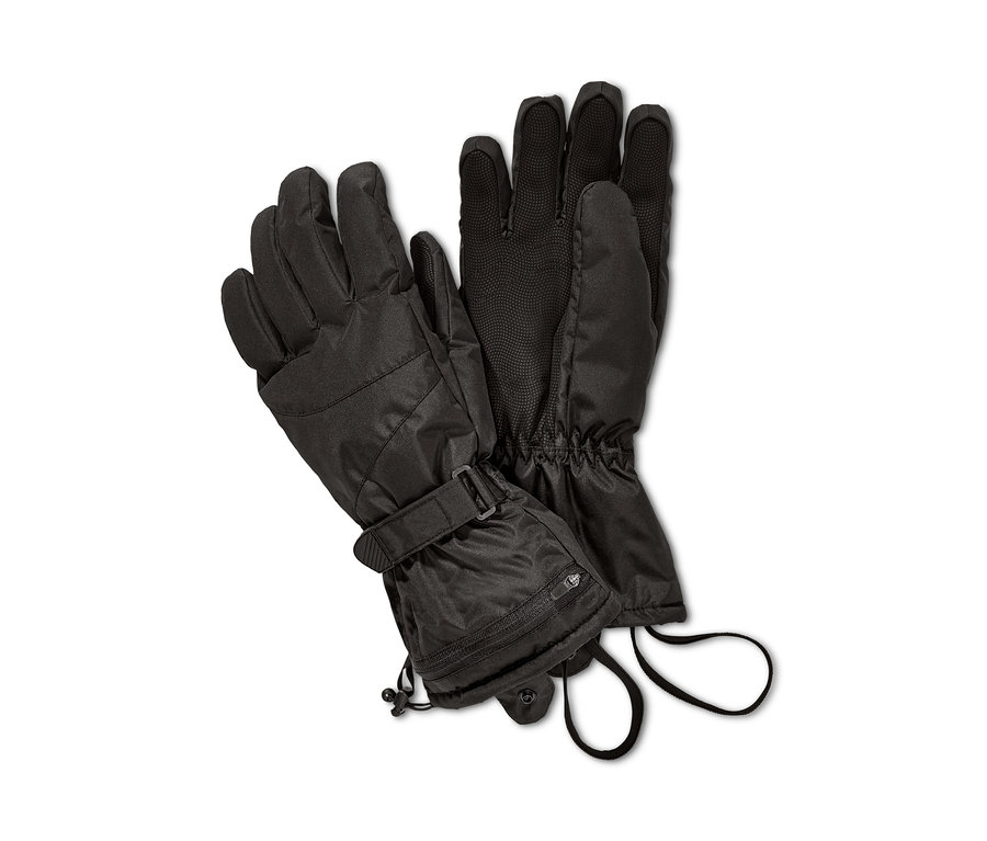 Dve čierne lyžiarske rukavice ležia na bielom pozadí.