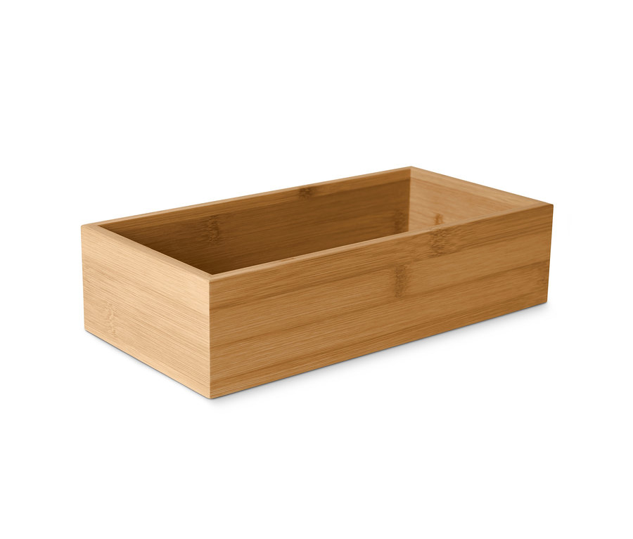 Detailný záber na prázdny bambusový úložný box na korenie.