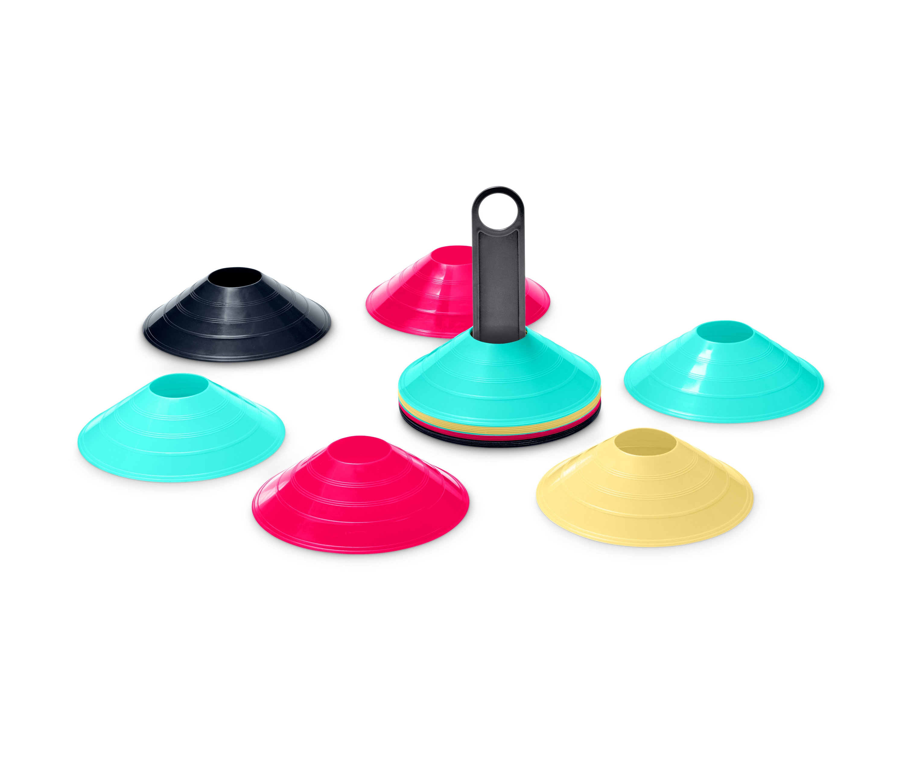 Sada tréningových kužeľov, 20 ks, vo farbách čierna, ružová, žltá a tyrkysová.