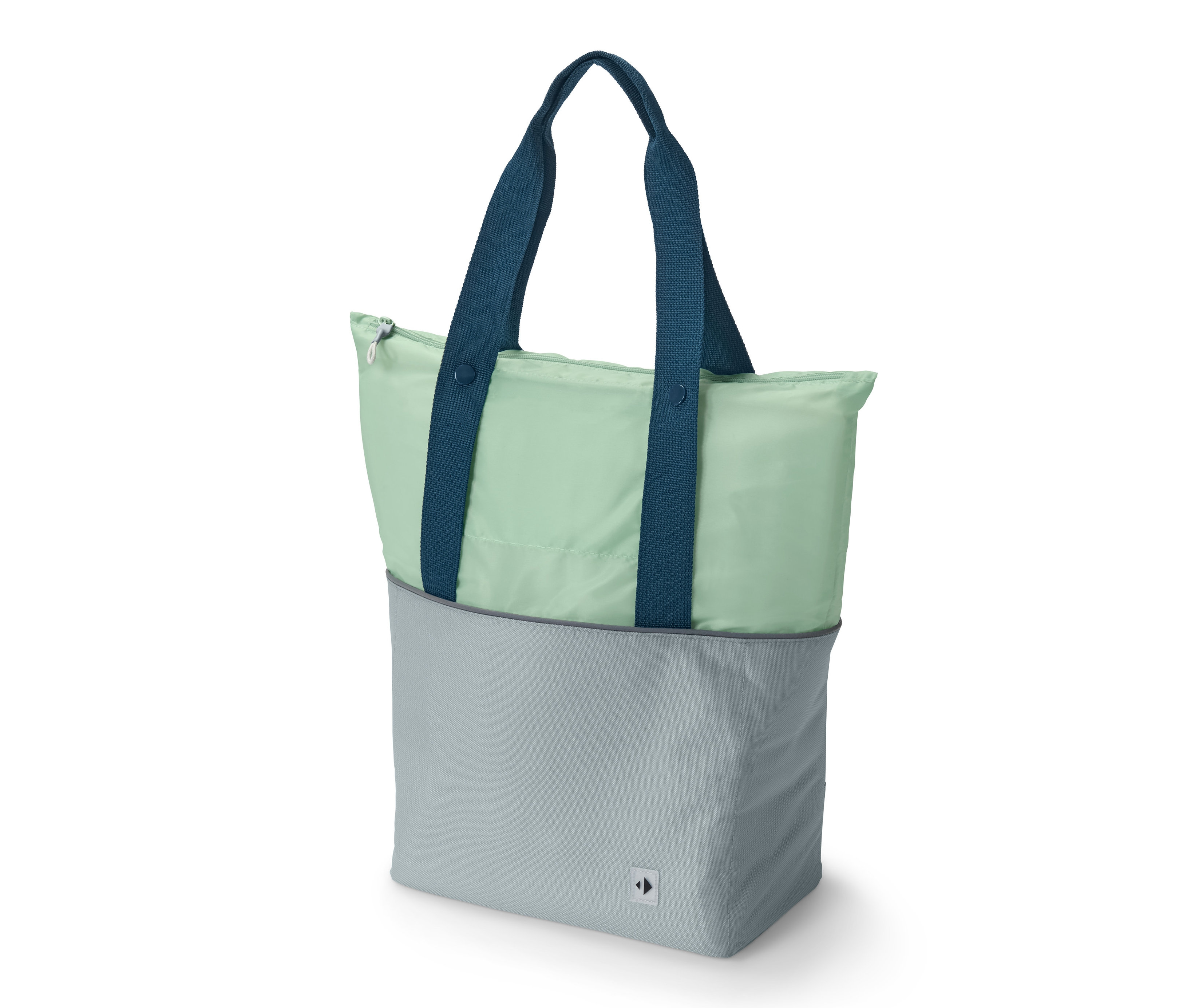 Mätovo-zelená a sivá taška na riadidlá bicykla s tmavomodrými rúčkami.