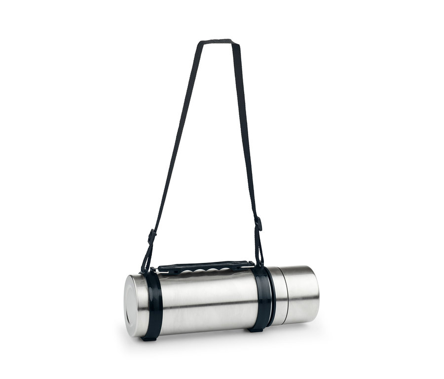 Nerezová termoska s 2 pohárikmi a čiernym popruhom.