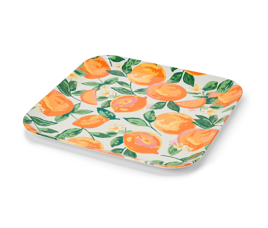 Dekoratívny podnos s potlačou citrusov a kvetov.