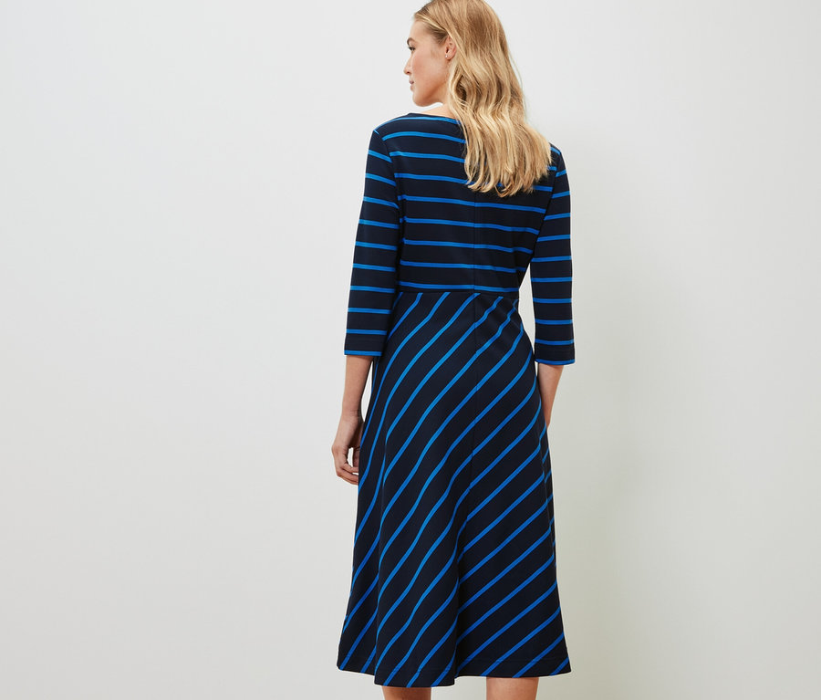 Žena stojí chrbtom k fotoaparátu a má na sebe prúžkované džersejové šaty.