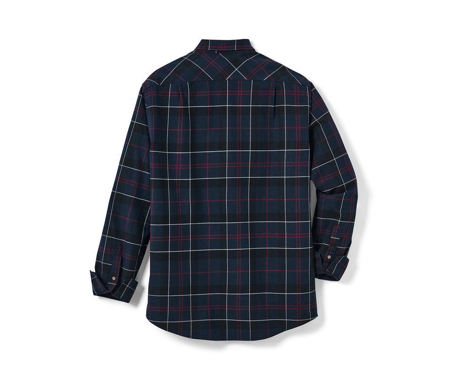 Tmavomodrá flanelová košeľa s károvaným vzorom.