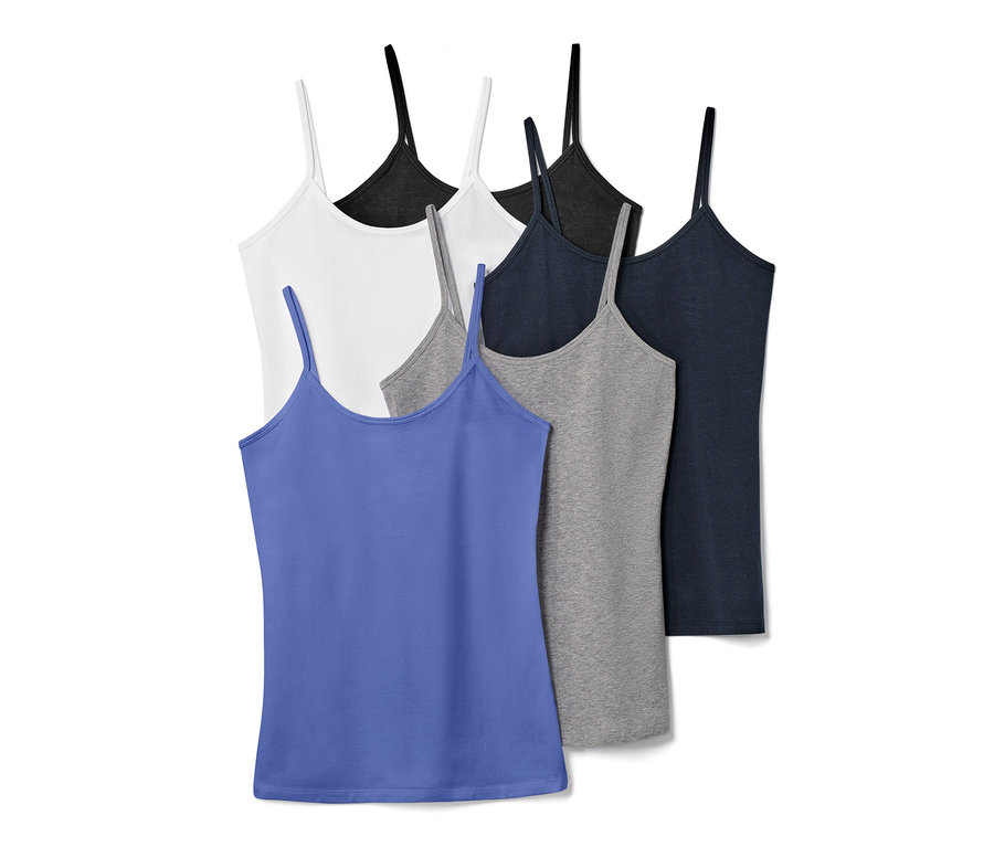 Päť tielok so špagetovými ramienkami v modrej, šedej, čiernej a bielej farbe.