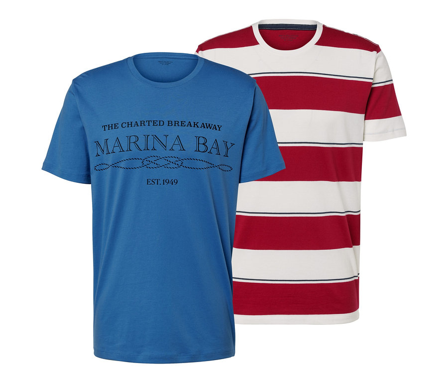 Dve tričká: modré s nápisom a červeno-biele pruhované.