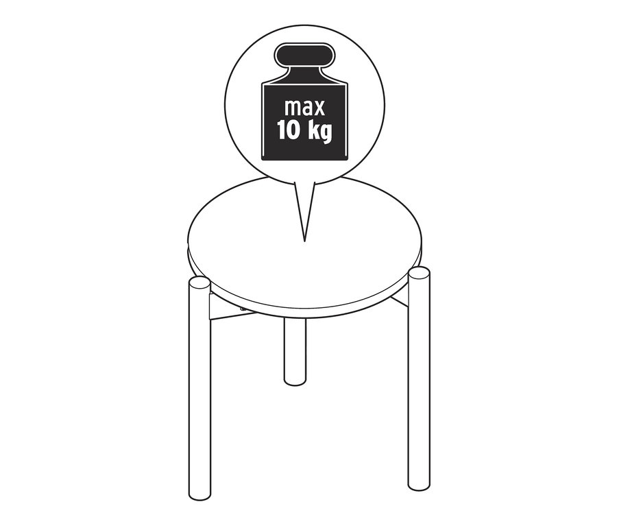 Diagram znázorňuje okrúhly stolík s maximálnou nosnosťou 10 kg.