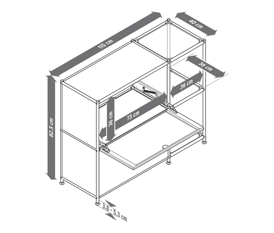 Ilustrácia kovovej odkladacej skrinky »CN3« s 2 výklopnými priehradkami a rozmermi.