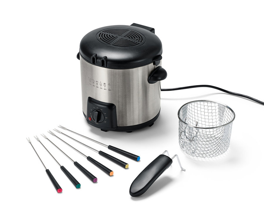 Mini fritéza a fondue so šiestimi farebnými vidličkami a košíkom.