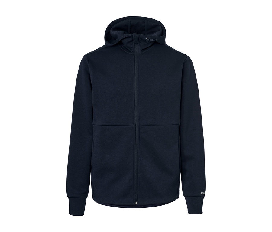 Tmavomodrá funkčná tepláková mikina s kapucňou a zipsom.