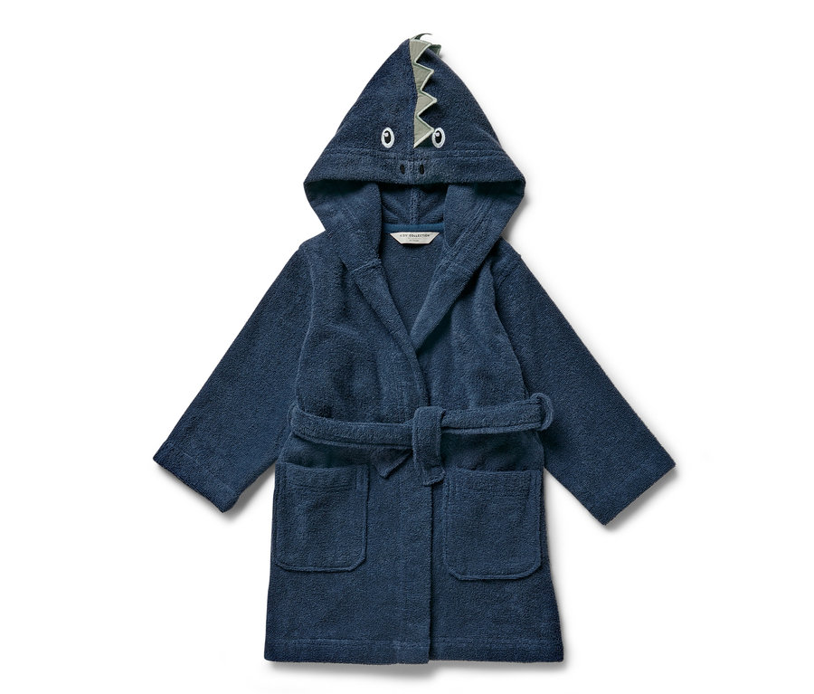 Modrý detský župan s motívom draka na kapucni.
