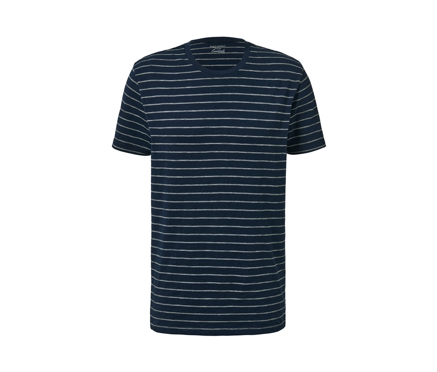 Polo tričko s okrúhlym výstrihom s tmavomodrými a sivými vodorovnými pruhmi.